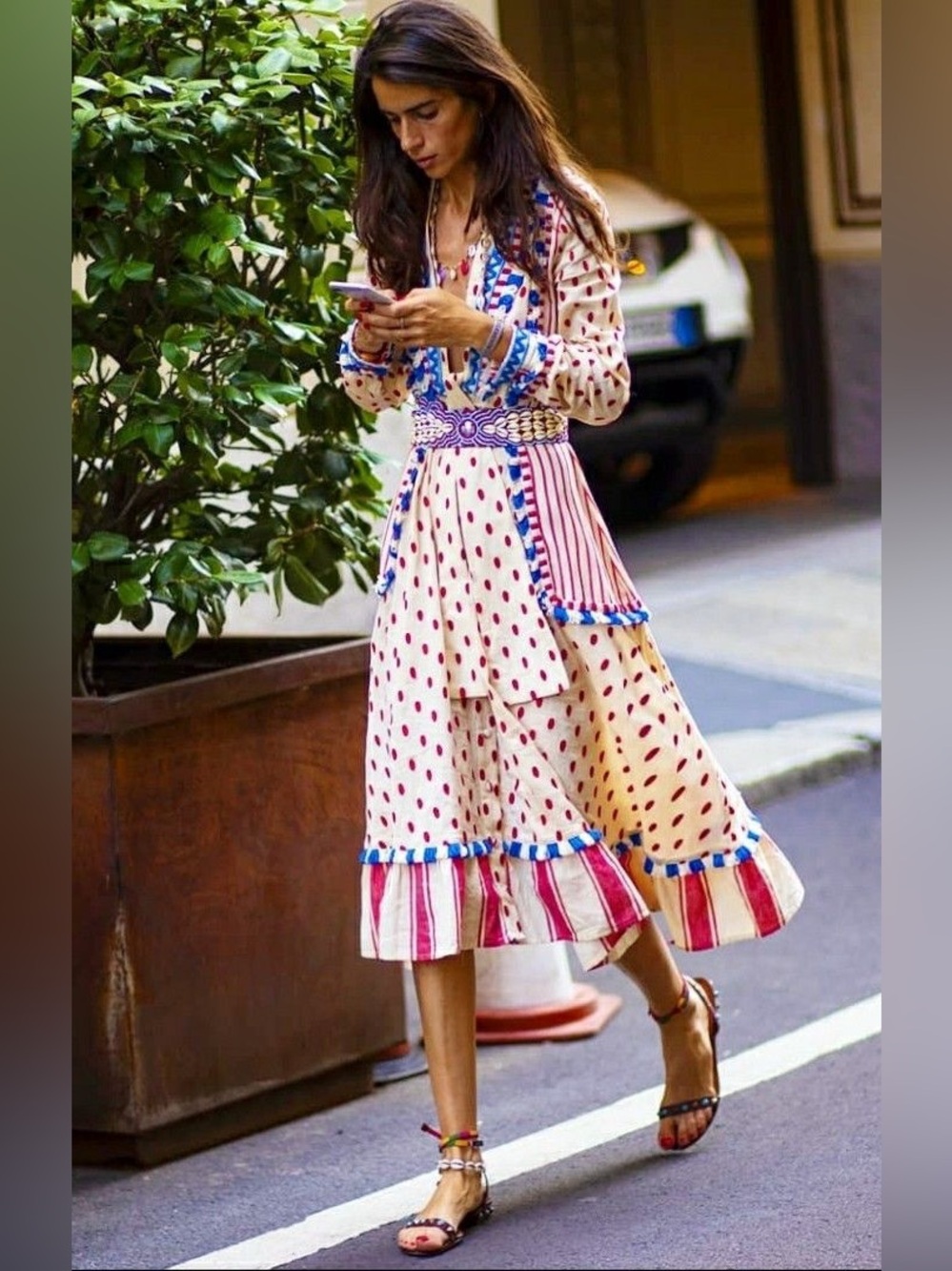 Dodo Bar Or Padma Polka Dot & Stripe Tassel Midi Dress – Medium